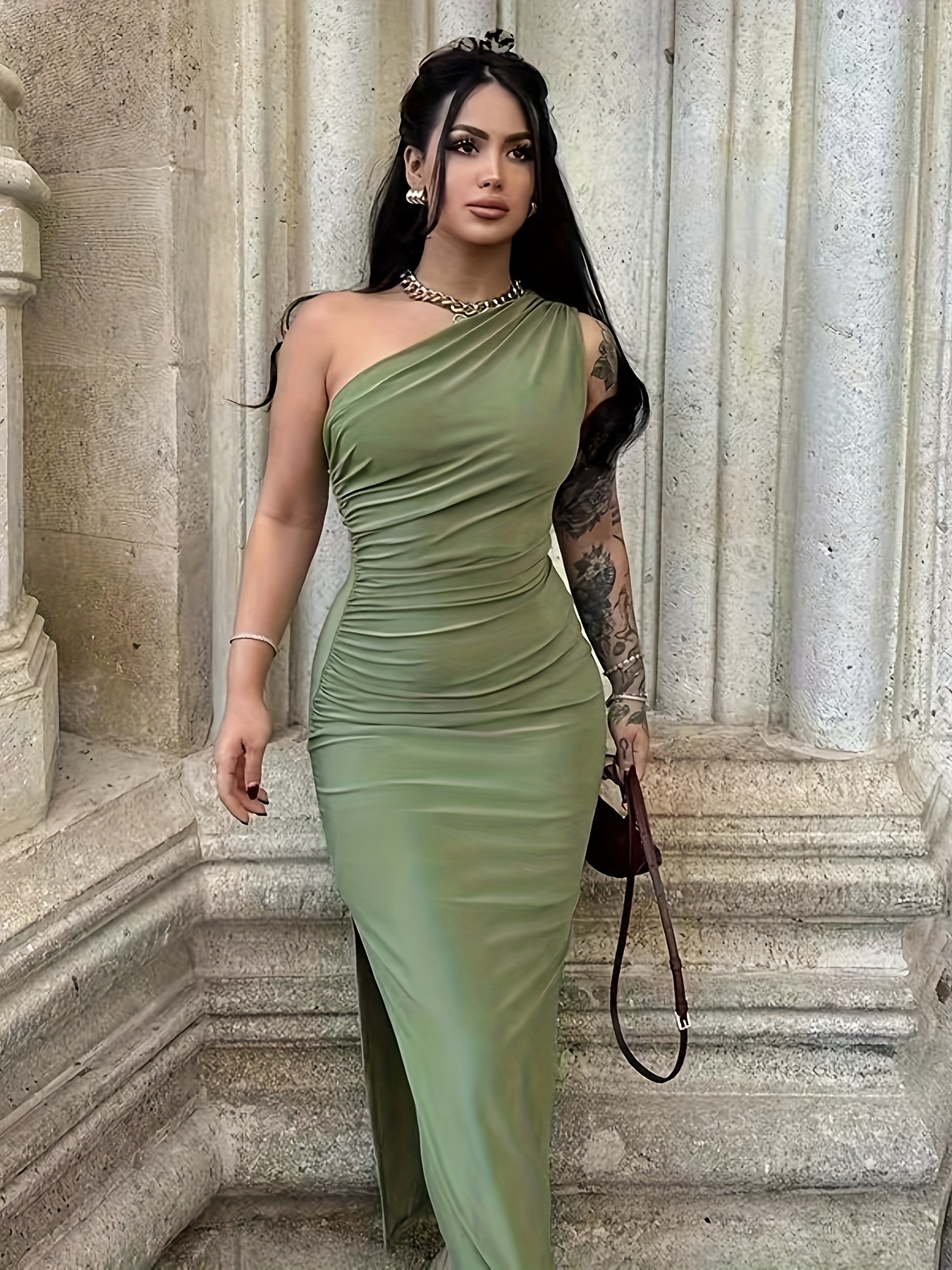 women's long olive green one shoulder bodycon dress - Temu Mexico