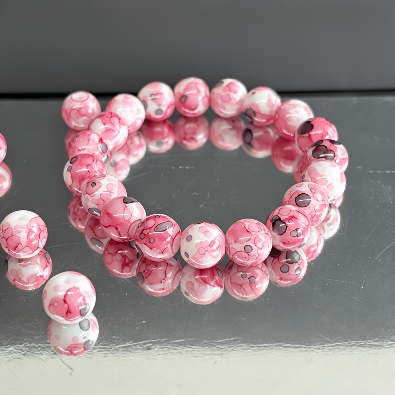TEMU 1pc Powder White Purple Spotted Round Bead Women's Beading Bracelet | 10mm Glass Glass Bead Elastic Bangle | Fashionable Versatile Accessory For