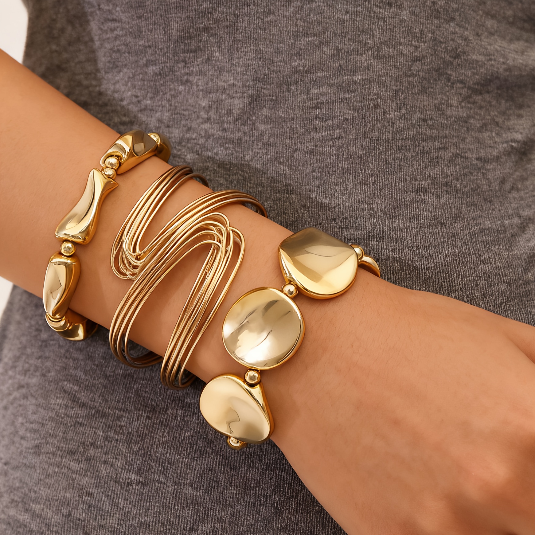 Image of 3pcs Exaggerated Geometric Style Women's Bracelet Set Vintage Stacked Bangle Jewelry Suitable For Daily All-match And Party Wear (beads Are Resin Material)