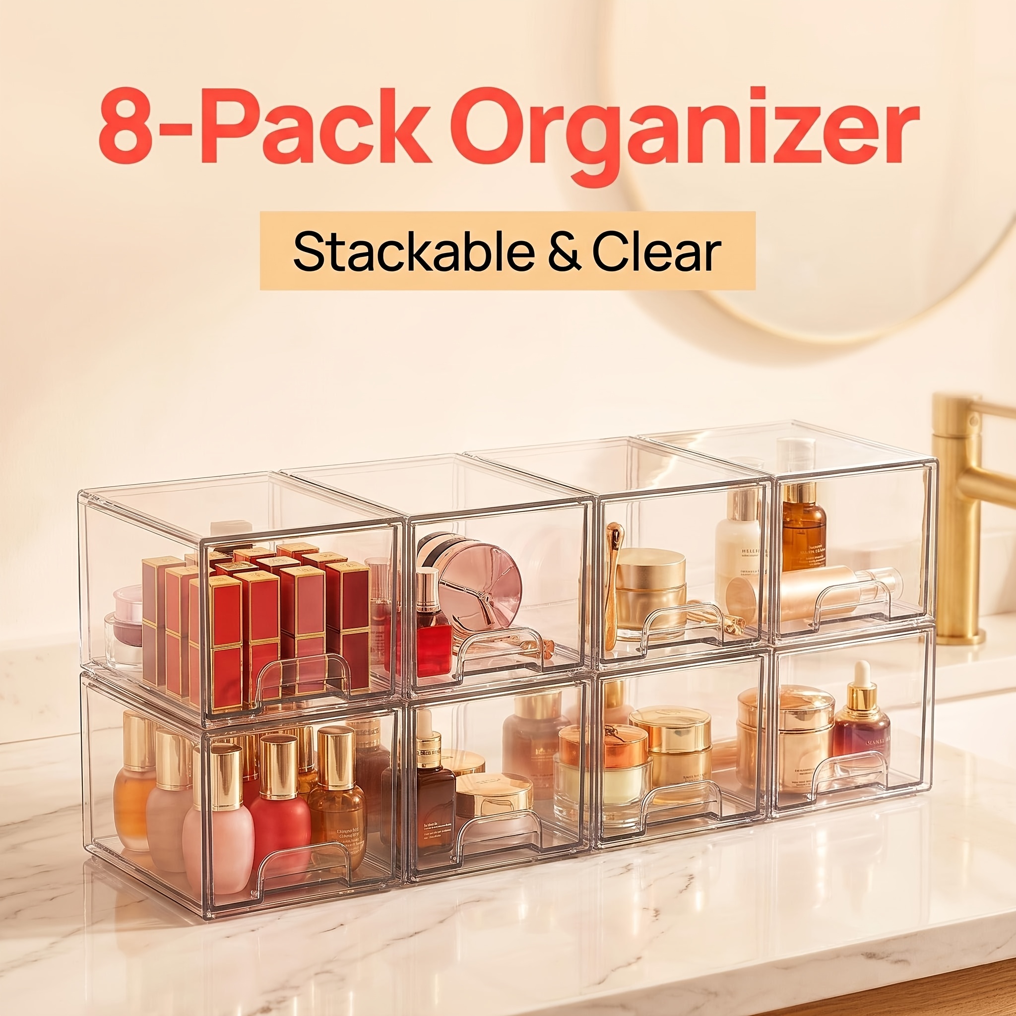 TEMU 8 Pack Acrylic Bathroom Makeup Organizer, 7.5"d X 6"w X 4.4"h Clear Stackable Storage Drawers, Plastic Storage Bins For Vanity, And Storage