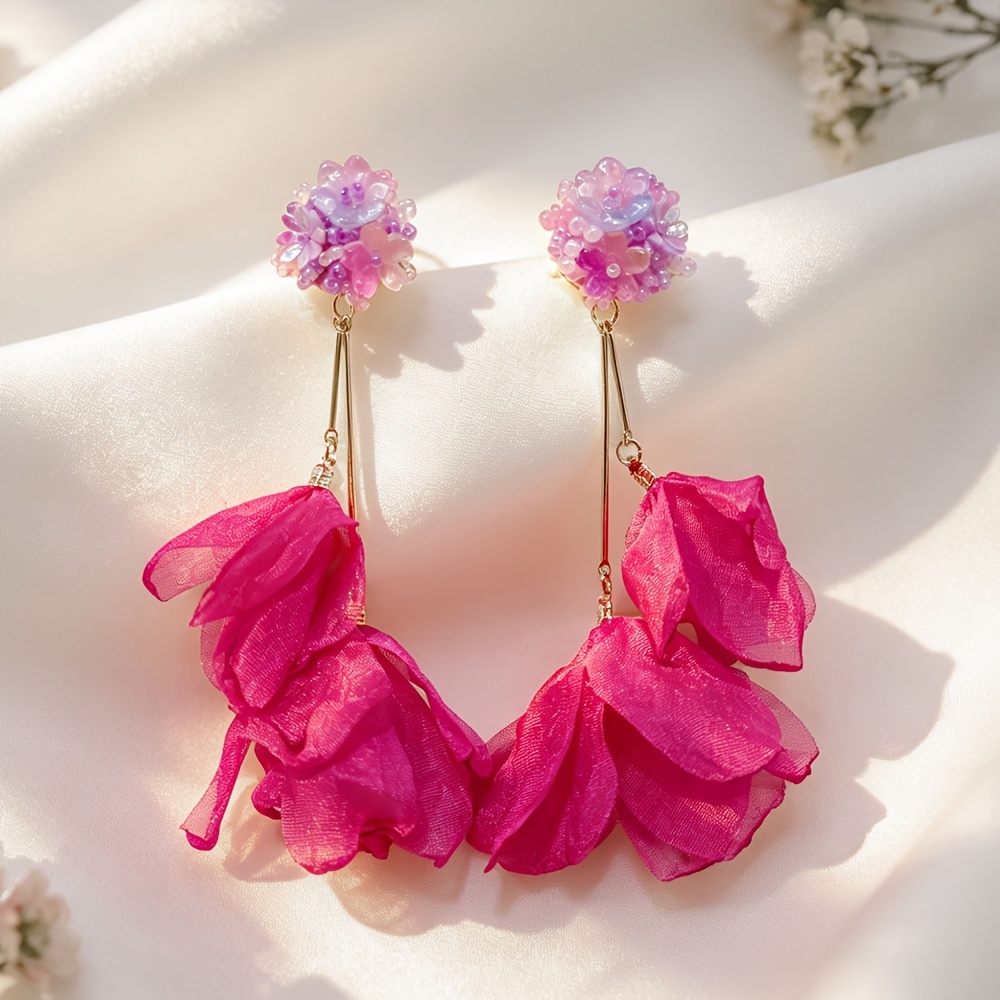 TEMU Orecchini a clip con fiori di perline, senza foratura, orecchini lunghi con nappa a in chiffon, orecchini a in stile per donne