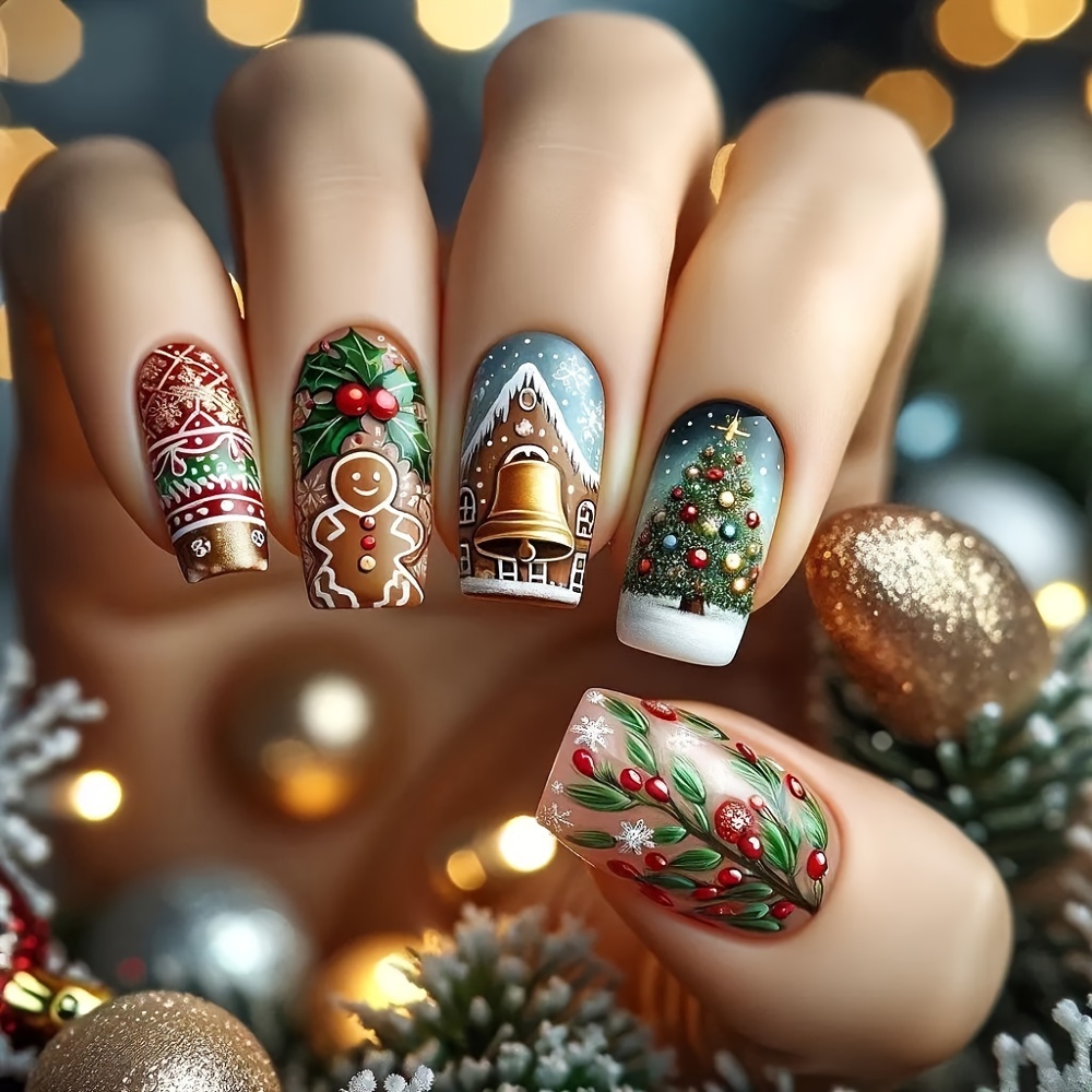 

24pcs Handmade Christmas Nail Art Tips Mixed Colors, Short Length With Holiday Elements & Glossy Finish, Press-on Nails With Festive Decorations, Jingle Bells & Ornaments Design