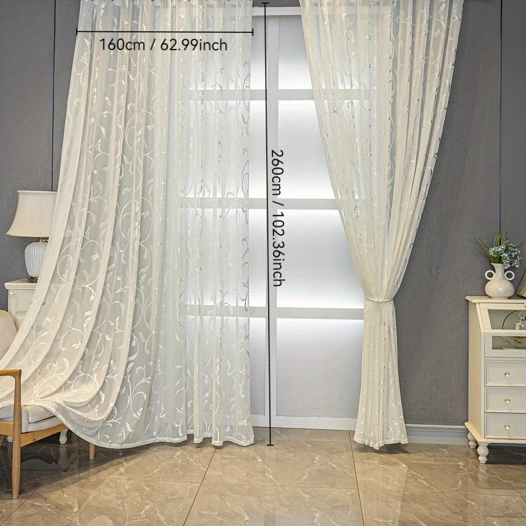 TEMU 2pcs New Product Simple Jacquard Branch White Hook Window Screen Finished Curtain Suitable For Bedroom, Living Room, And Balcony, Slightly