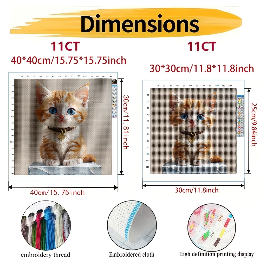 DIY Cross-Stitch Printed Kit, Blue-Eyed Orange and White Kitten Pattern