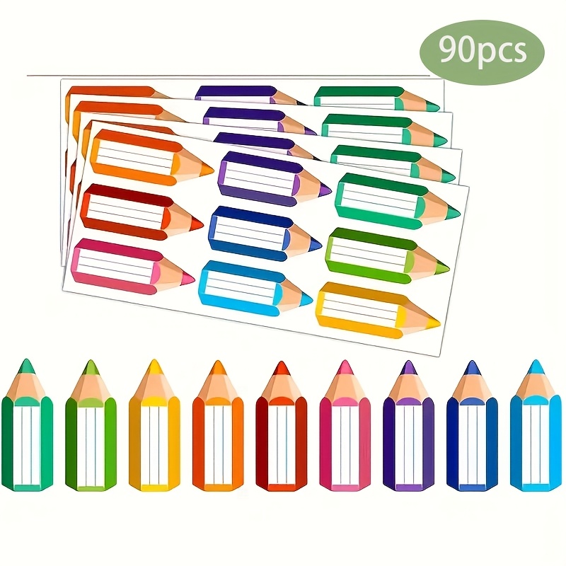 E-shop 90 Stück 3,6x1,2 Zoll Buntstift-Namensetiketten - Schüler Schreibtisch Bleistiftförmige Klassenzimmer Namensaufkleber, geeignet für Lehrerbedarf