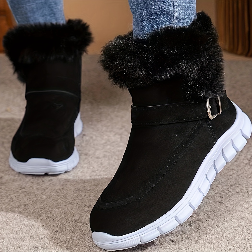 

Boots| Women's Plush-lined Mid-calf Snow Boots - Black Suede Ankle Boots With Strap, Soft Fabric Lining & Non-slip Tpr Sole For Winter , Winter Boots