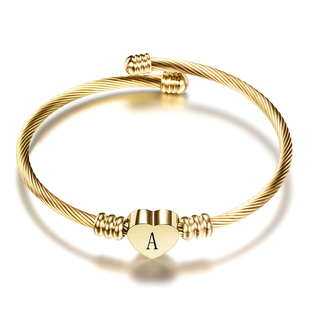 TEMU 1pc European And American Cross-border Fashion 26-letter Stainless Steel Cable Bangle Bangle Bracelet, Elegant And College Style Bangle