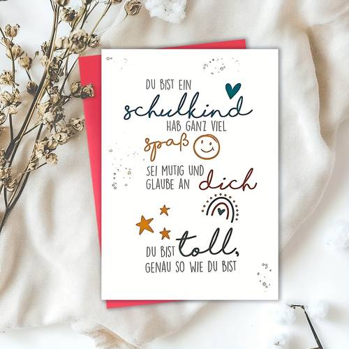fröhliche schulgrußkarte - erster schultag karte - inspirierendes geschenk zum schulanfang für tochter, sohn oder schüler - lustiges design mit sternen, regenbogen und positiver botschaft
