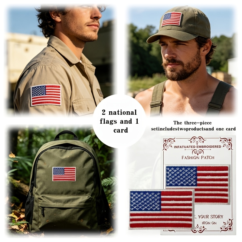 TEMU 3pcs Set With 2pcs Products And 1pc Card, Flag Embroidery Iron-on Patch, Rectangular Stars And Stripes Patriotic Style Cloth Sticker, Ironed Or