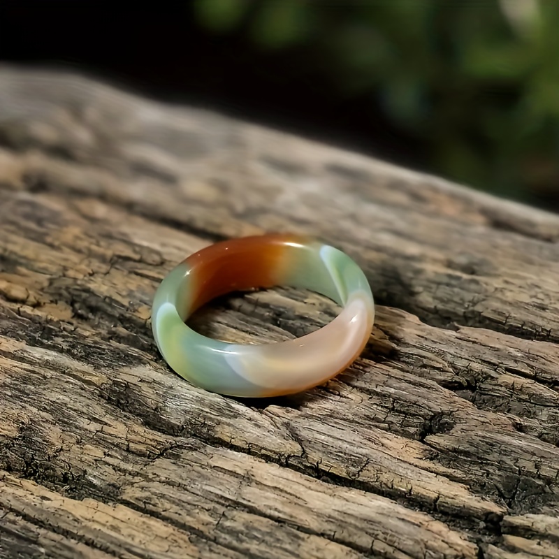 Natural Agate Ring with Marble Green & Orange-Brown Gemstones