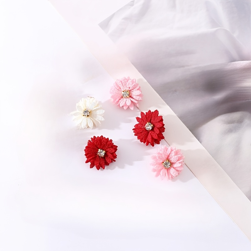 5pcs Daisy Hairpin Set, Solid Color Fabric Flower Rhinestone Floral Hairpin Headwear