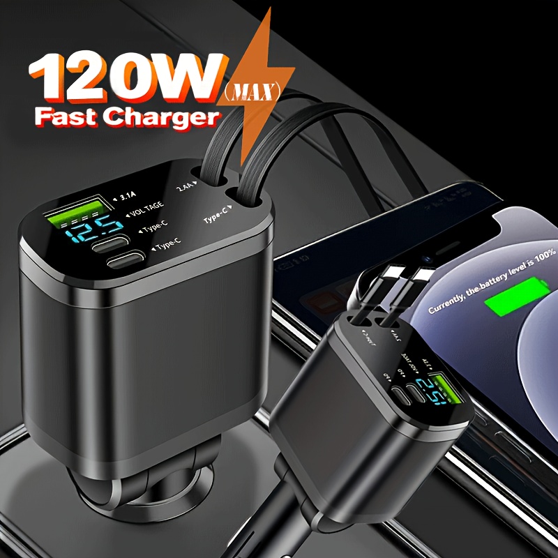 Chargeur Voiture Rétractable SUPERONE – 100W Rapide, Câble 2.6ft – Pour Téléphone, Google Pixel
