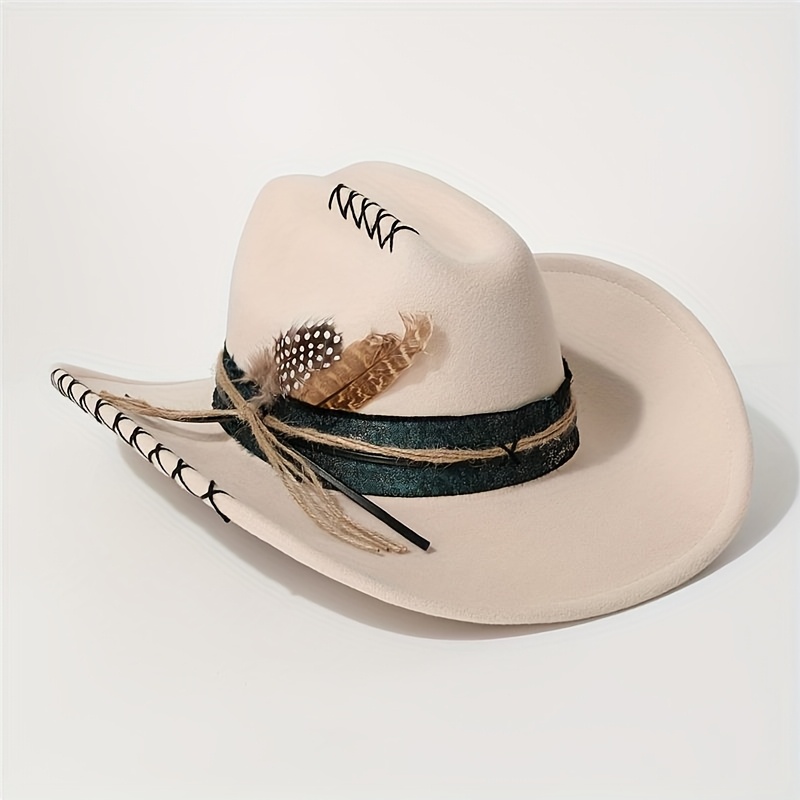 beige elegant fedora hat featuring a black green embroidered  display picture 1