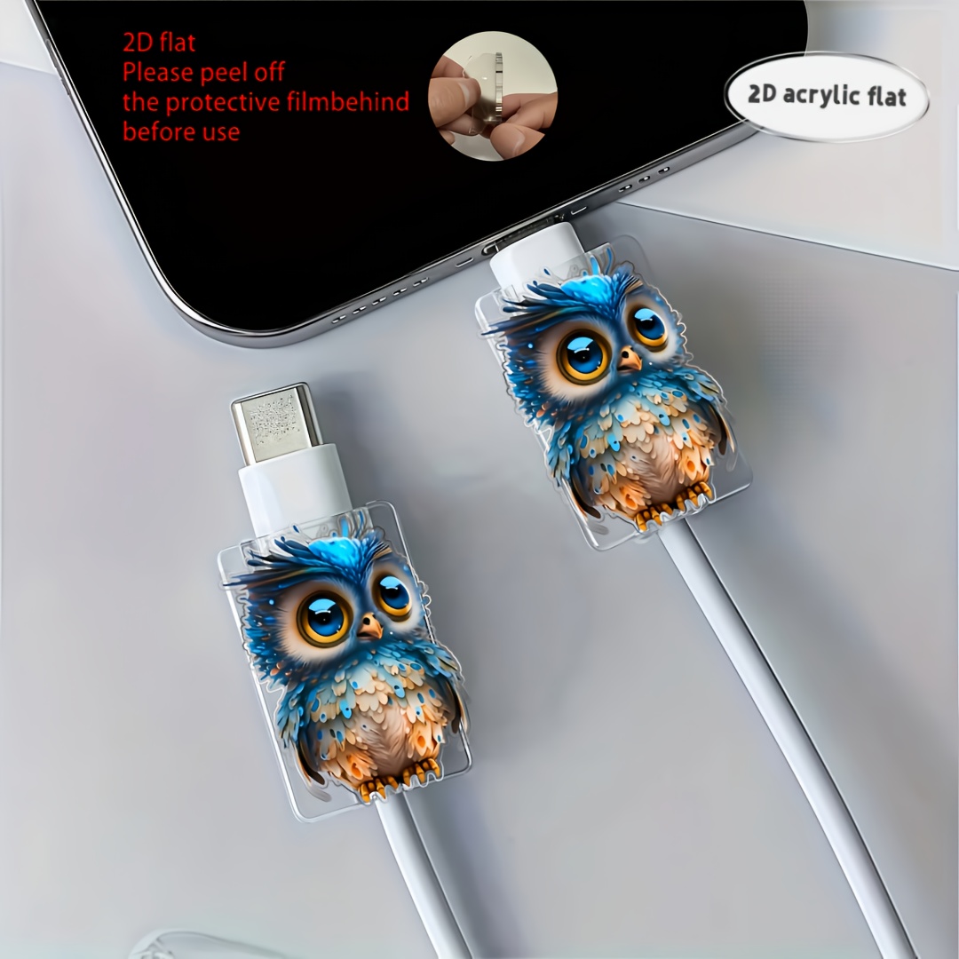TEMU 2d Flat, 2pcs Cute Cable Protectors - Durable Plastic, Anti-damage Type-c/phone Charger Cord Covers, Stylish & Owl Pattern, Perfect Christmas