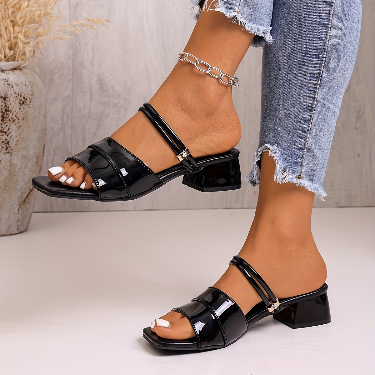 TEMU New Summer 2026 Square-toe Chunky Heel Sandals, Black Patent Slide Slippers, Versatile Mid-heel Outdoor Slippers, Women Shoes