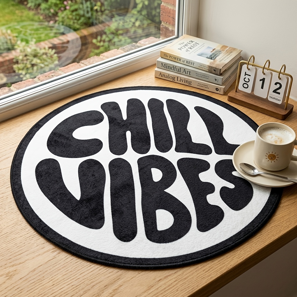 TEMU 1pc Black And White " Vibes" Handwritten Rug Suitable For Bedrooms, Living Rooms, - Soft Flannel With Cursive Lettering, Machine Washable For