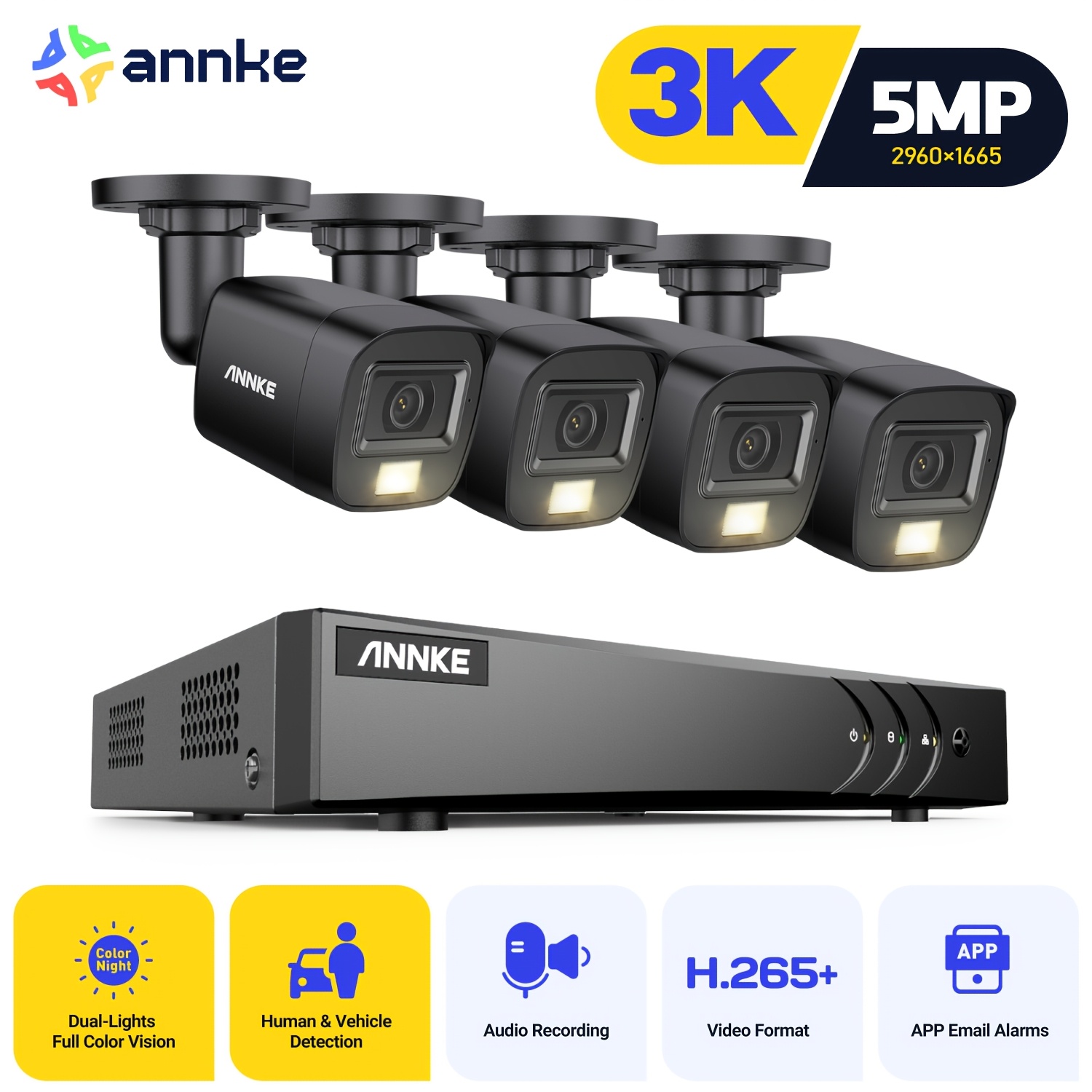 Annke 3k Cctv Security Camera System Dvr, 4x 5mp Black Cameras, /vehicle Detection, Color Night Vision, Smartphone Access