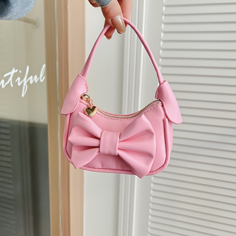 TEMU Women's Small Handbag 1pc Girly Solid Color Bow Cute Mini Handbag Trendy -shaped Zipper Closure Mini Bag Suitable For Daily Use
