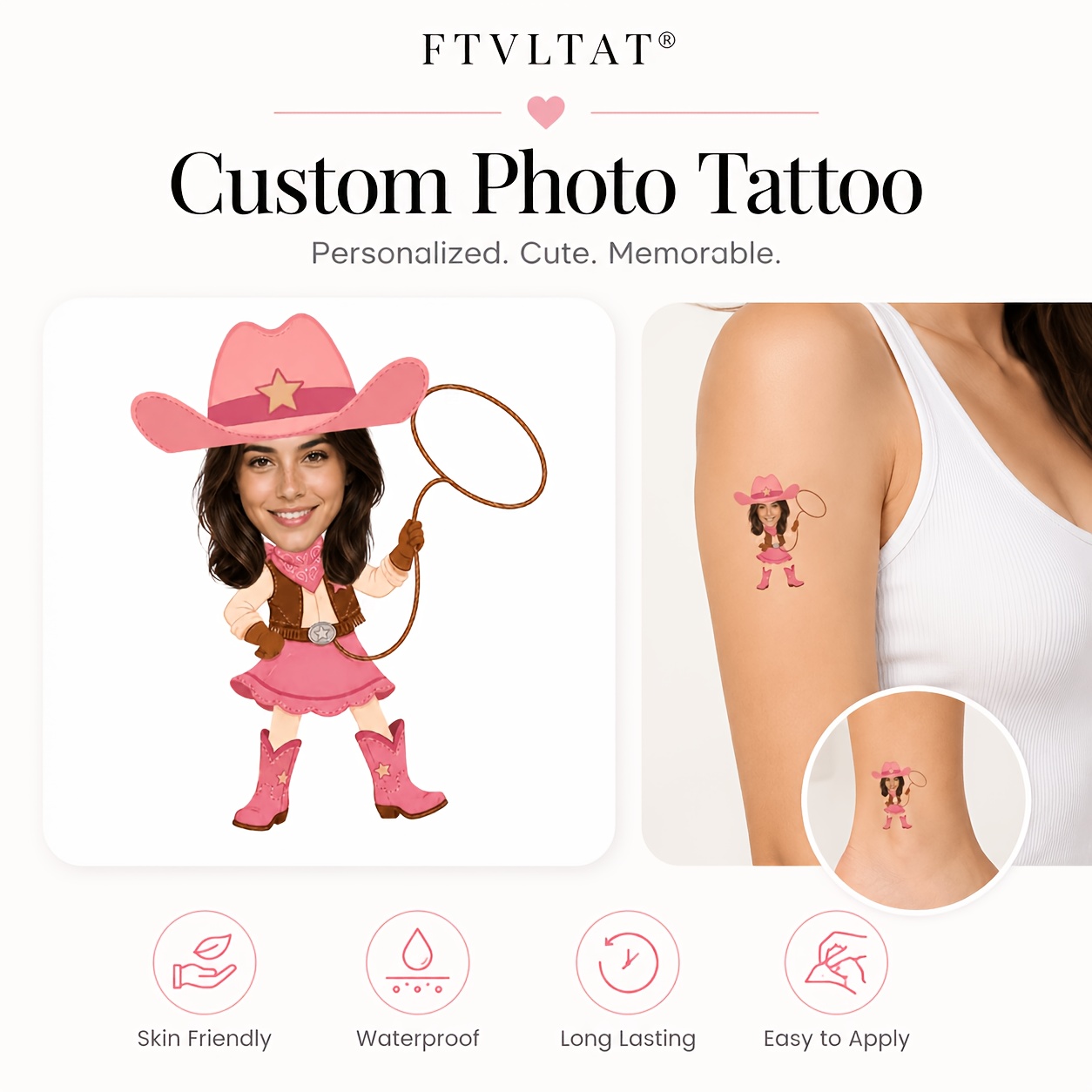 TEMU 15 Sheets Ftvltat Custom Photo Tattoo Cowgirl Cartoon Personalized Face Temporary Tattoo Sticker Turn Your Photo Into Tattoo Pink Cowboy Hat
