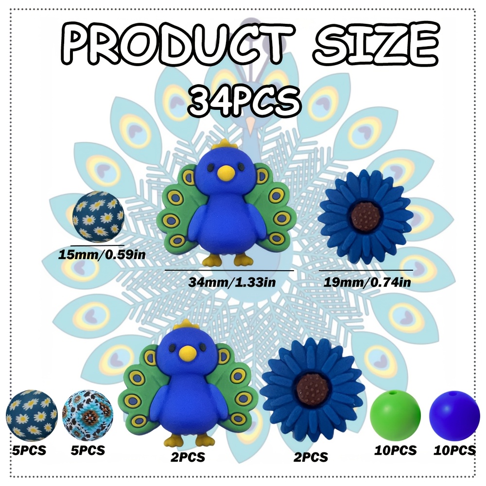 TEMU A Set Of 34 Peacock-shaped Silicone Beads, Featuring 15mm Round Flower Silicone Beads, Suitable For Bracelets, Necklaces, Earrings, And Handmade