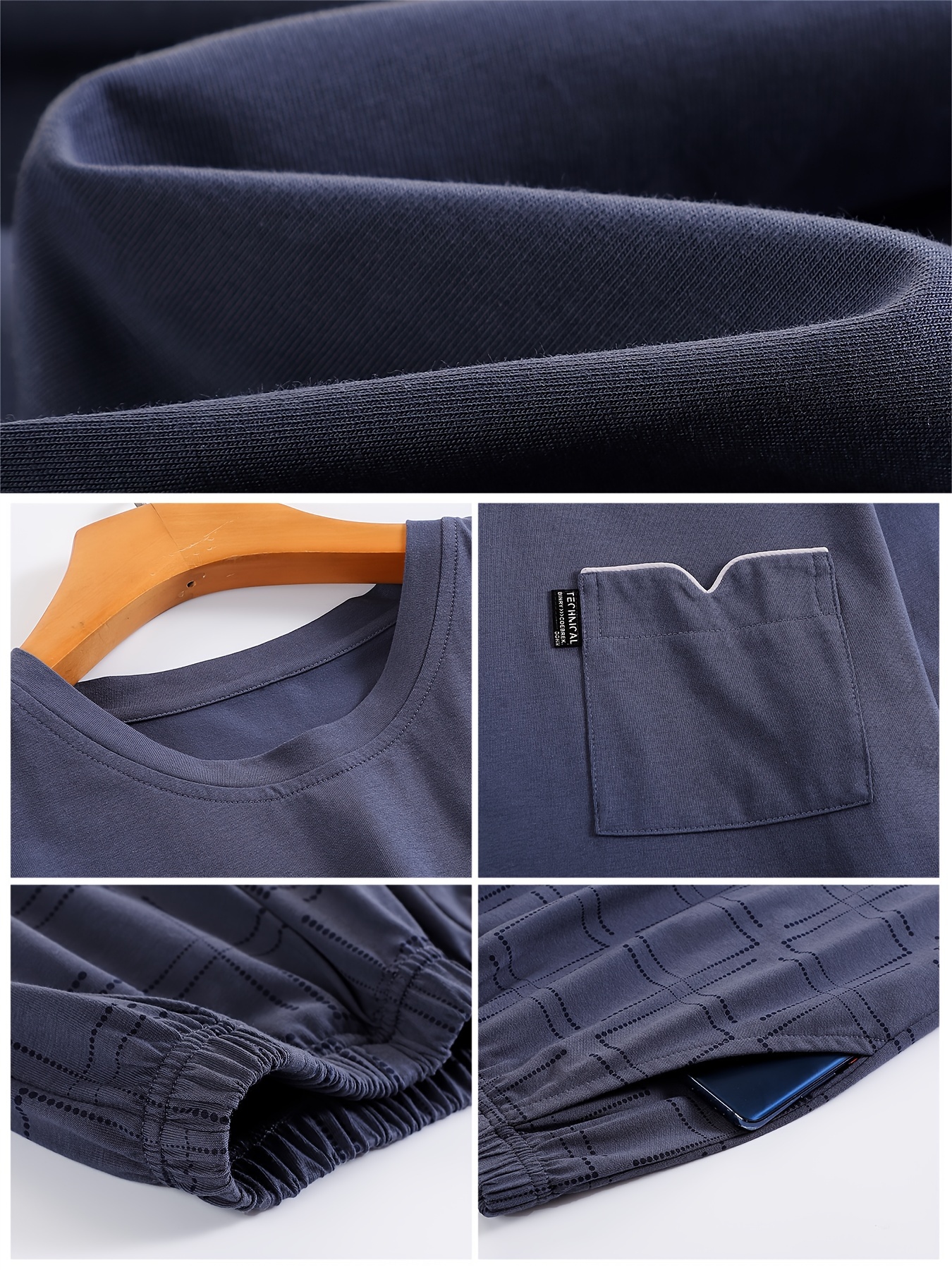 Men'S Summer Cotton Pajama Set, Casual Crew Neck Short Sleeve Long Pants with Pocket, Knit Fabric, Regular Fit, Slight Stretch, Solid Color, No Belt, Home Wear - Large Size
