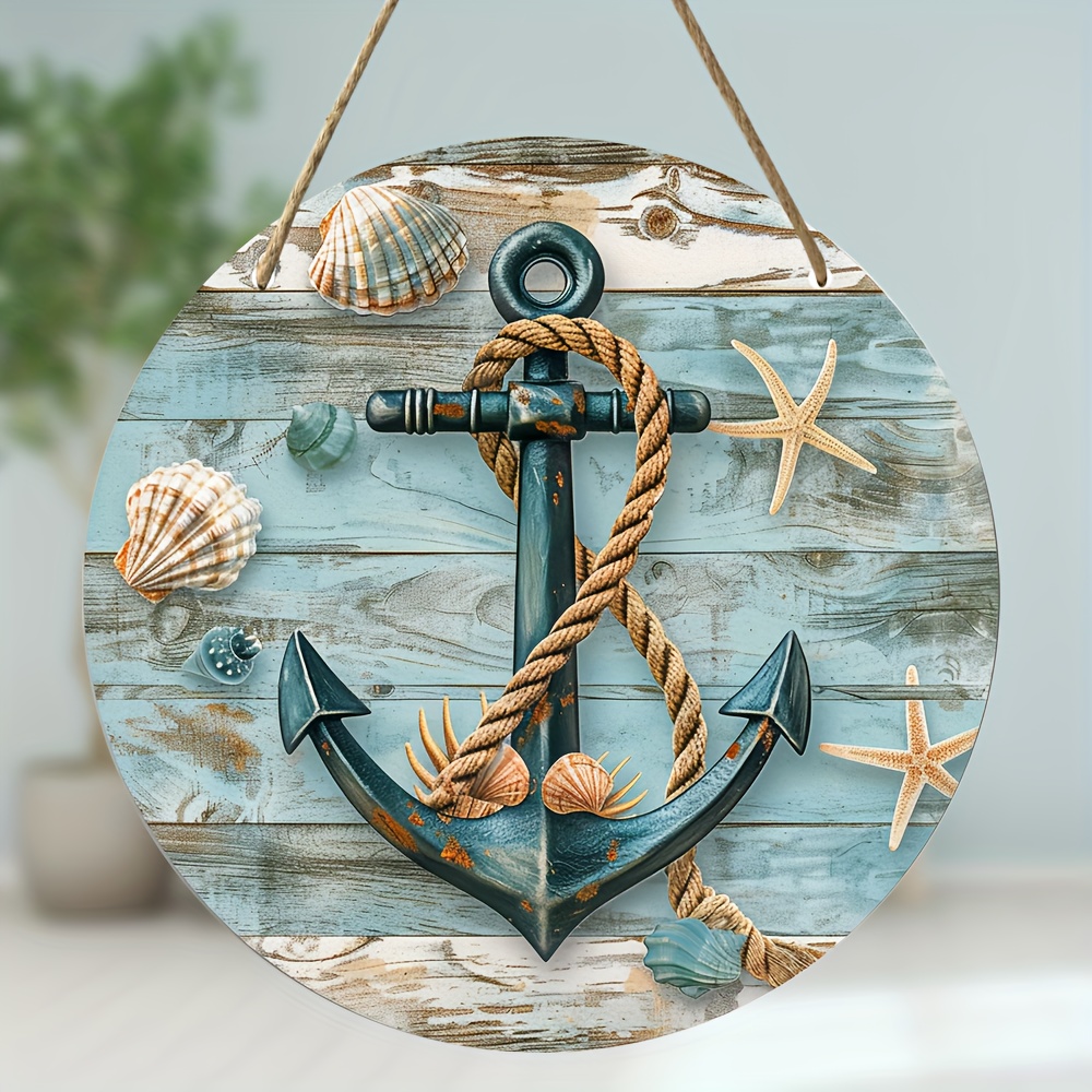 

1pc Nautical Anchor Sign With Seashells, 8-inch Round Wooden Summer Wreath Plaque, Rustic Beach Wall Hanging Decor For Home, Garden, Door, Living Room, Restaurant, Ocean-themed Indoor & Outdoor Decor