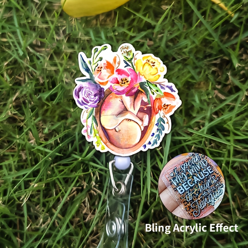 

1pc Acrylic Floral Id Badge Reel, English Text, Bling Acrylic Effect, Nurse L&d & Nicu Gift, Material