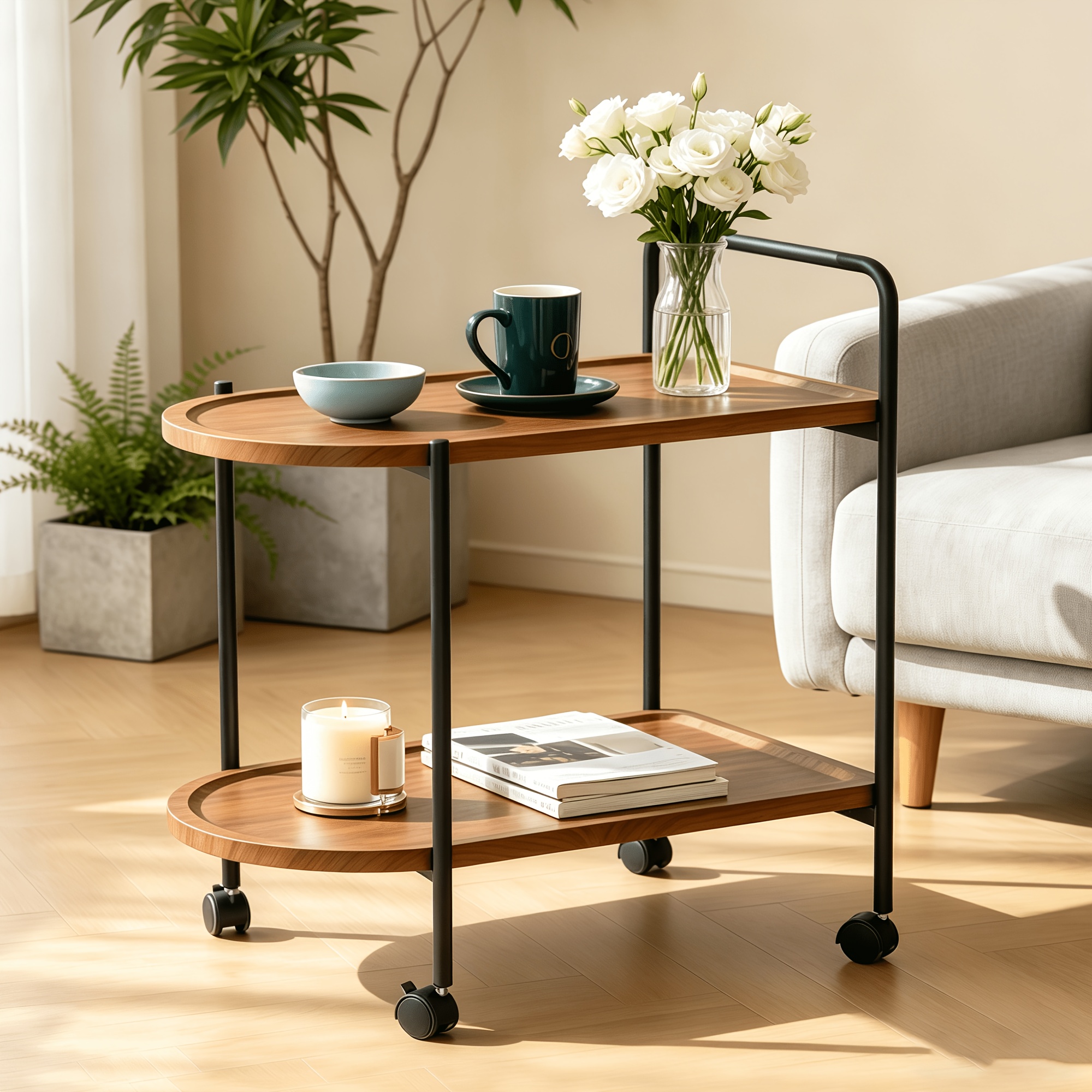 Image of 2-tier Wooden Side Table, Metal-framed Coffee Table Cart With Wheels, Mobile Storage Trolley With Brakes, Easy To Move, Suitable For Living Rooms, Brown