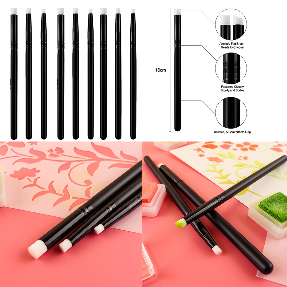 

9-12pcs Flat/angled Mini Blending Brushes Set With 4mm /6mm /8mm Brush Head For Intricate Stencils Cards Making; Black Painting Brushes For Applying Ink To Craft School Art Supplies