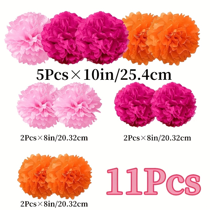 TEMU 11pcs Décorations de fête rose-orange - Pompons en papier rouge rose, rose et orange, boules de fleurs en papier, décorations suspendues,