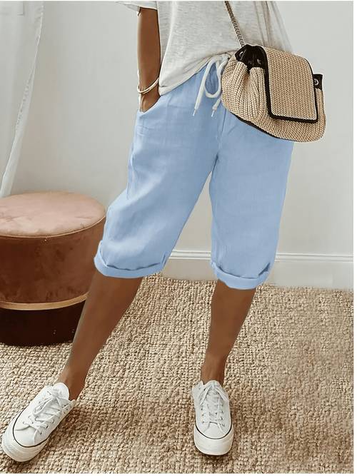 solid color drawstring pocket trousers for spring and autumn stylish casual three quarter straight pants for women