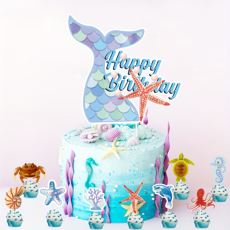 12pcs, Creative Starfish Seahorse Shell Mermaid Cake Insert Summer Mermaid  Ocean Series Birthday Party Insert