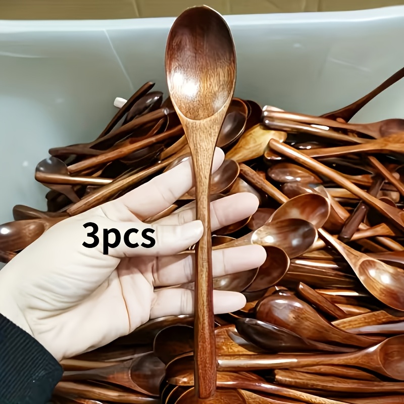 Image of 3pcs Wooden Soup Spoons, Tableware Set, Multi-functional Wooden Spoons - Reusable Wooden Tableware, Soup Spoon, Suitable For Afternoon Tea, Home, Restaurant, Travel, And Banquets