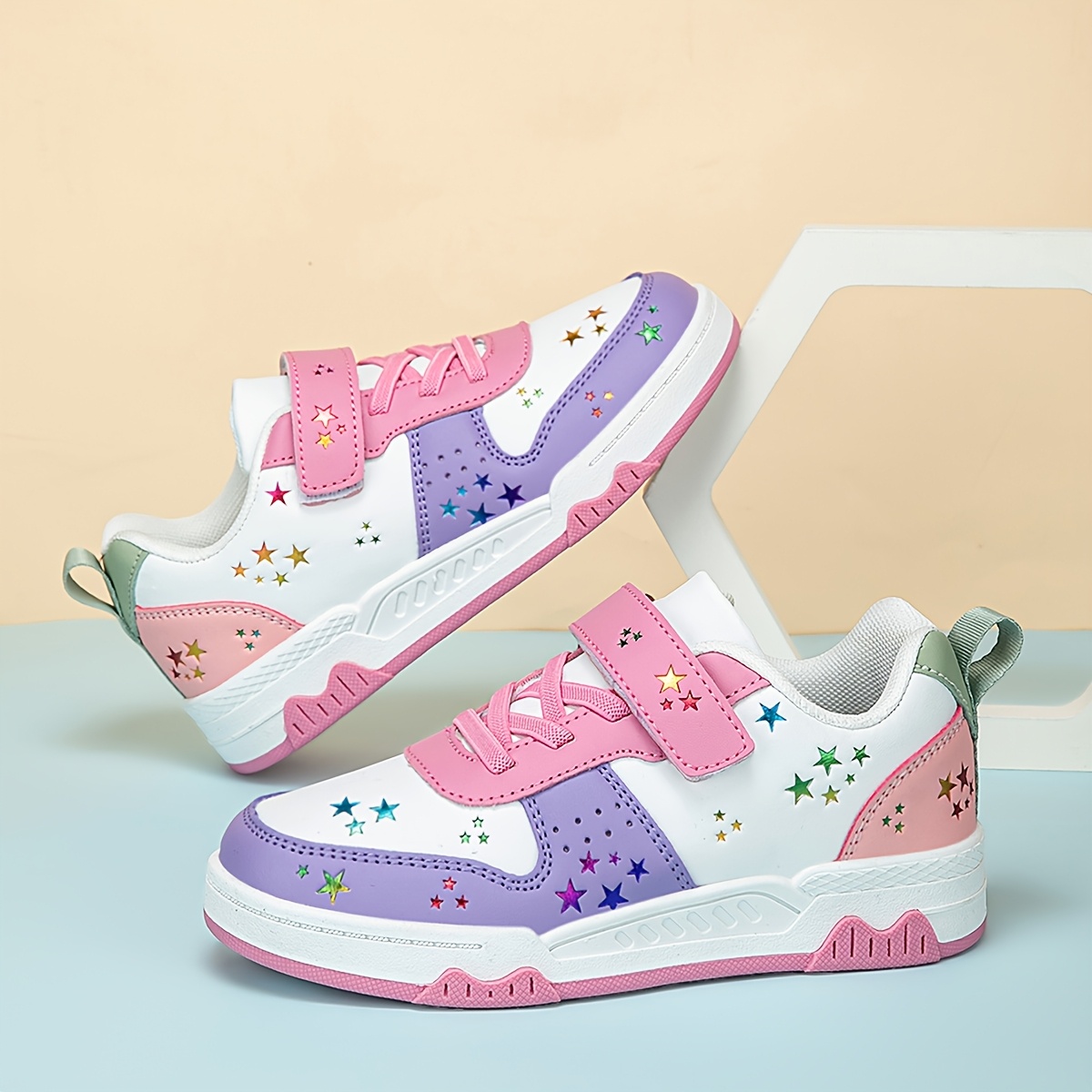       low top basketball shoes lightweight breathable pu upper star pattern with pink accents durable tpr sole closure for boys girls   sports casual wear basketball gear for girls   sports footwear stylish star pattern cushioned eva sole 0