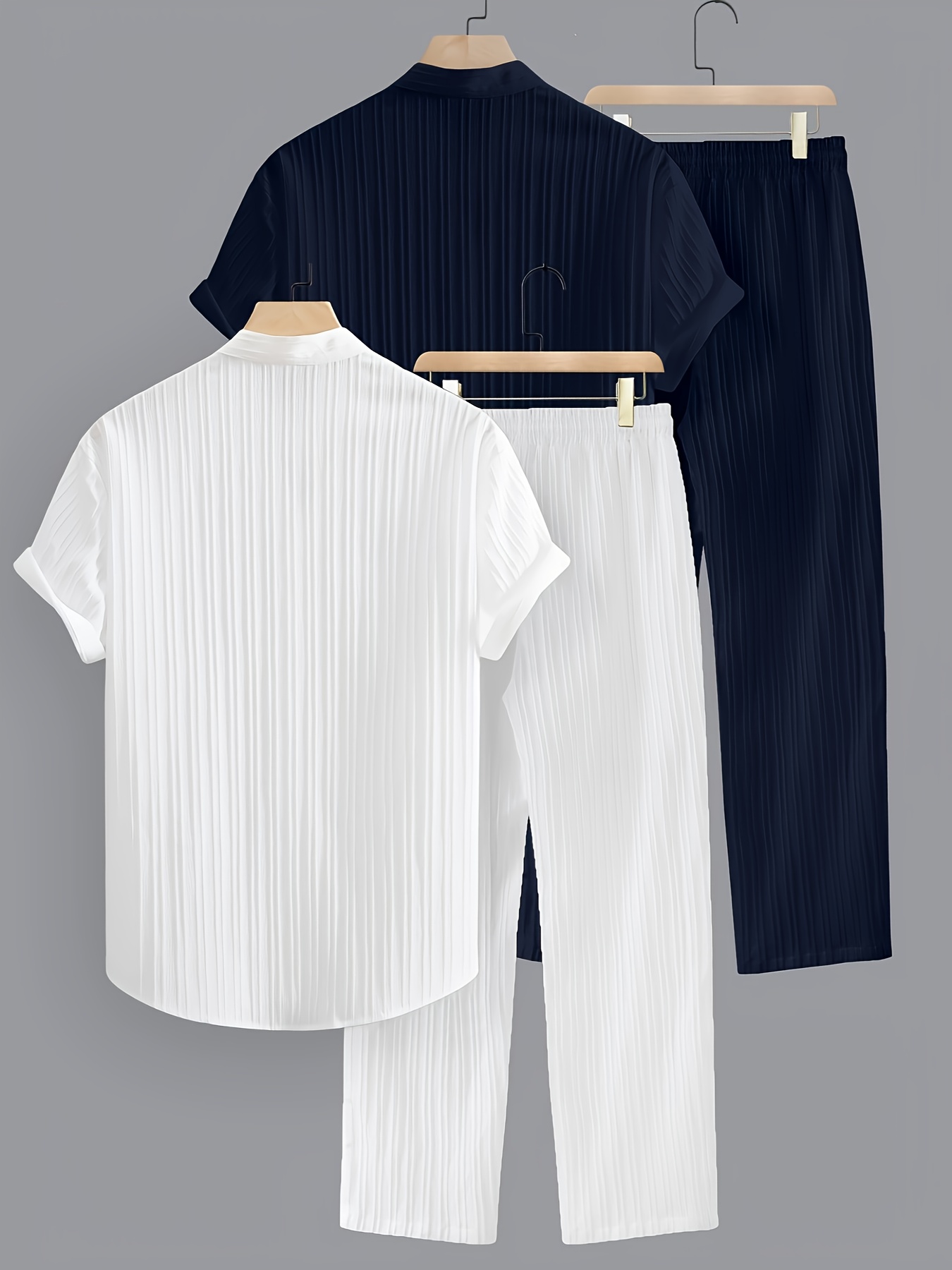 Men's Summer Set with 2 Color Options. Polyester Striped Casual Set - Short Sleeve Lapel Shirt and Drawstring Pants, Non-Stretch Fabric, Regular Fit for Daily and Beach Wear, Beachwear | Casual Summer Wear | 1pc Short Sleeve Shirt + Long Pants Set.