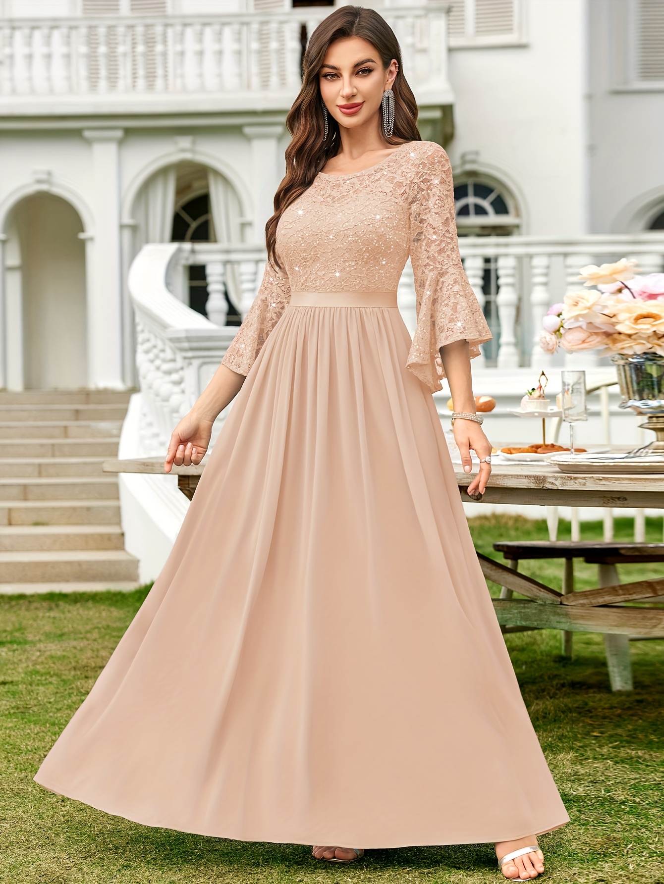womens elegant scoop neck sequin lace chiffon swing hem - Temu United Arab  Emirates