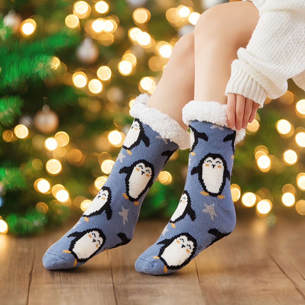 TEMU 1 Pair Of Christmas Plush-lined Thermal Socks, Soft And Comfortable Mid-calf Socks, Women's House Slippers And Socks