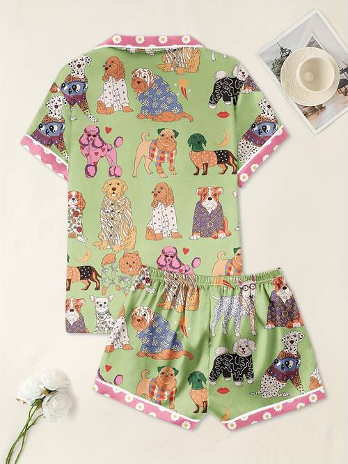 womens casual dog print pajama set short sleeve collared top with front pocket matching shorts soft polyester blend animal patterns loungewear print soft