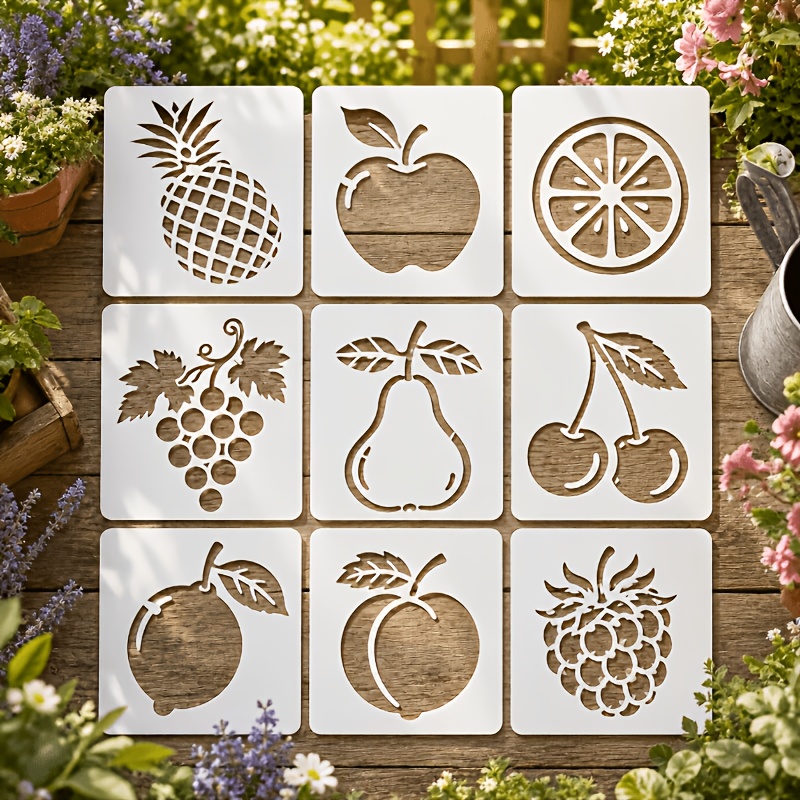 TEMU 9pcs Fruit Shape Hollow Stencils Set, Reusable Drawing Templates For Painting On Wood, Canvas, Wall, Bag, Gift Decor Craft Supplies