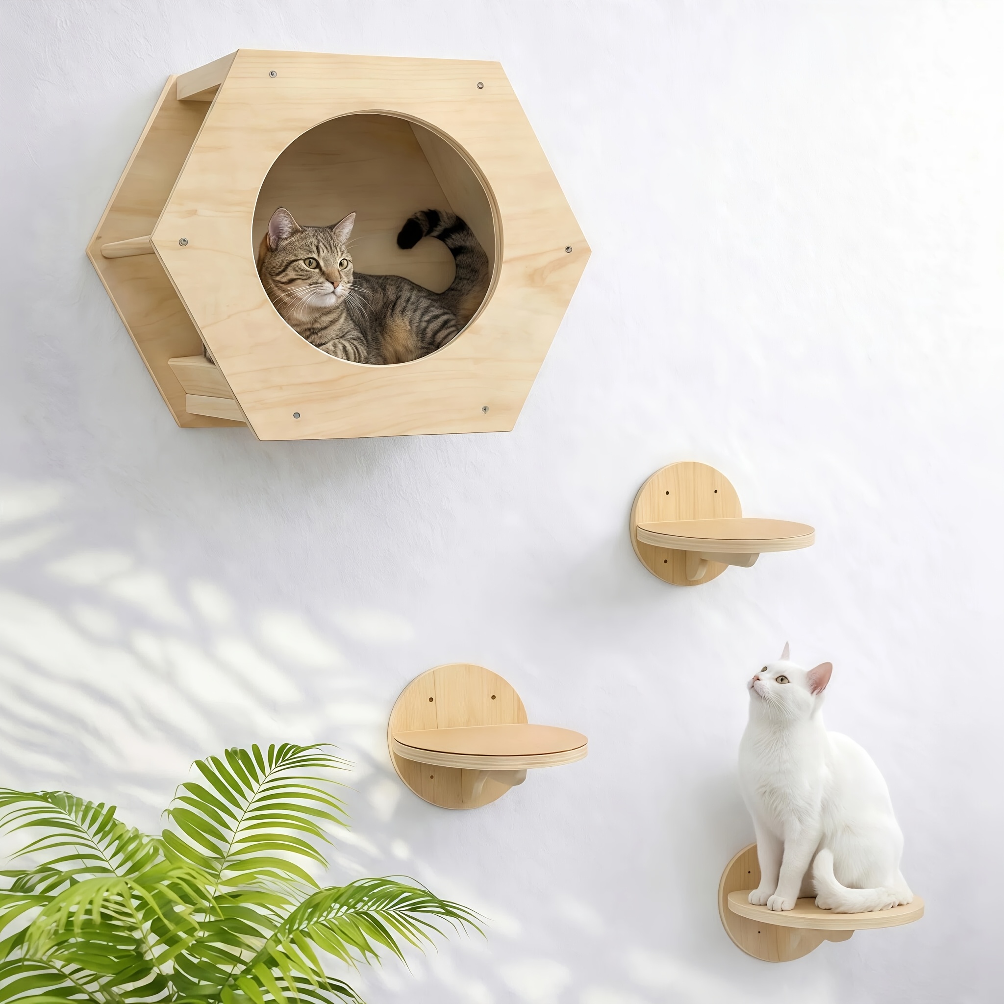 TEMU Cat Wall Shelves With 3 Steps, 4pcs Stable Wooden Cat Wall Furniture Set, Easy To Assemble Cat Hexagon Shelves, Kitten Furniture For Wall, Wall