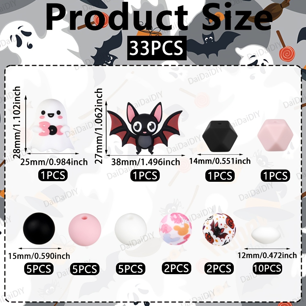 TEMU 33pcs 3d Halloween & Bat Silicone Beads Set- White With Pink "boo " Text And Bats With Silicone Beads For Jewelry Making, Print Round Beads +