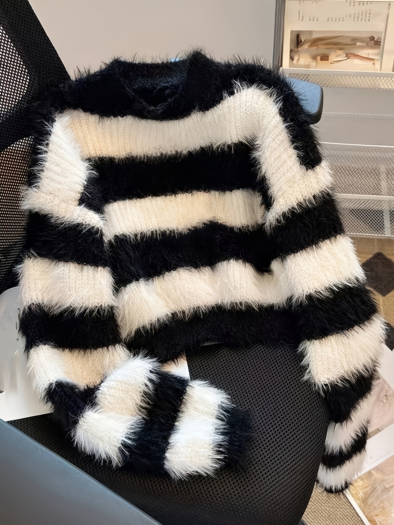 womens black white striped sweater elegant round neck long Temu