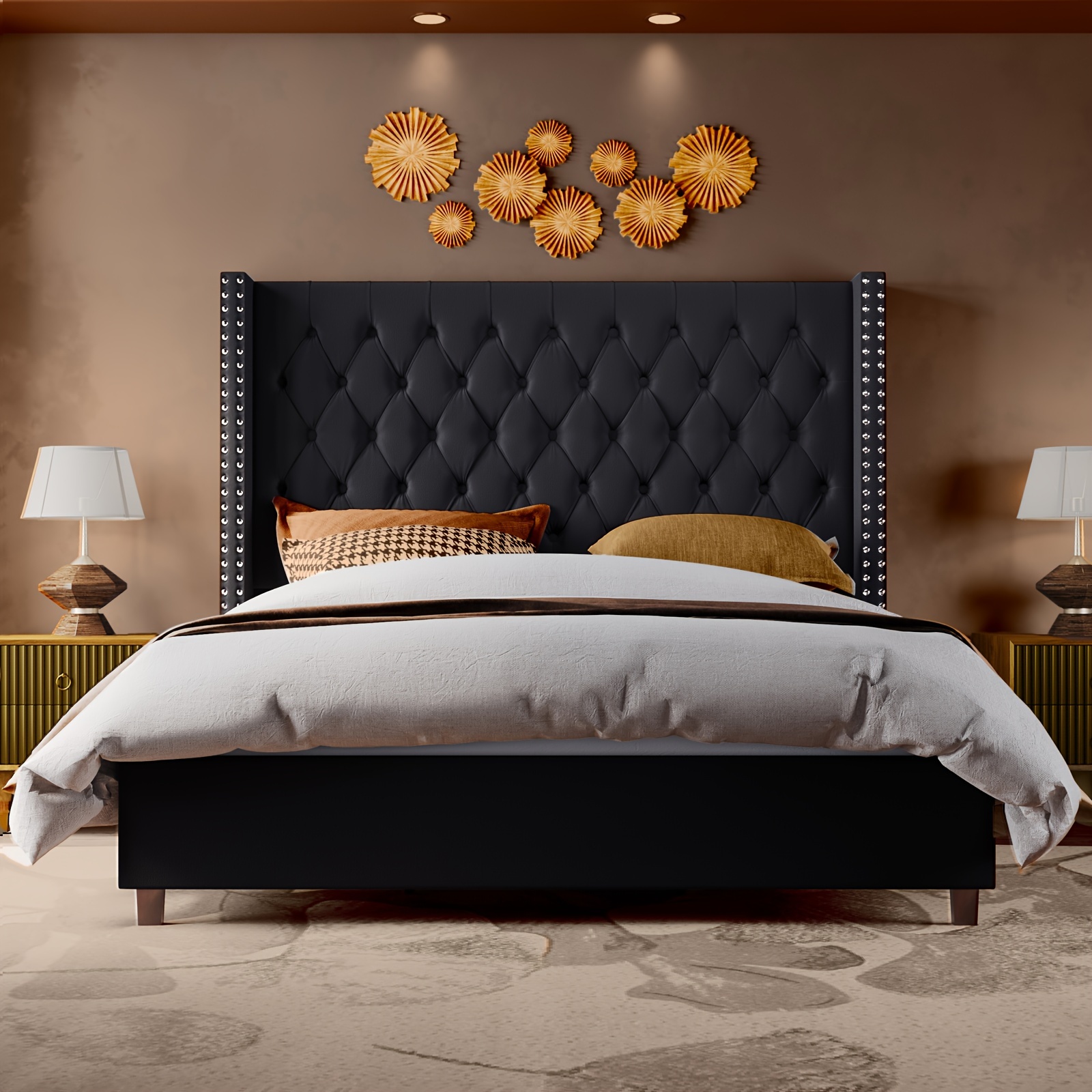 

Velvet Upholstered Platform Bed Frame With Deep Button Tufted Tall Wingback Headboard