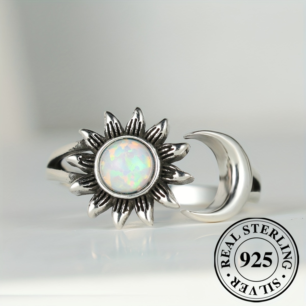 

925 Sterling Silver Cuff Ring Retro Moon & Sun Design Inlaid Opal Suitable For Men And Women High Quality Adjustable Ring