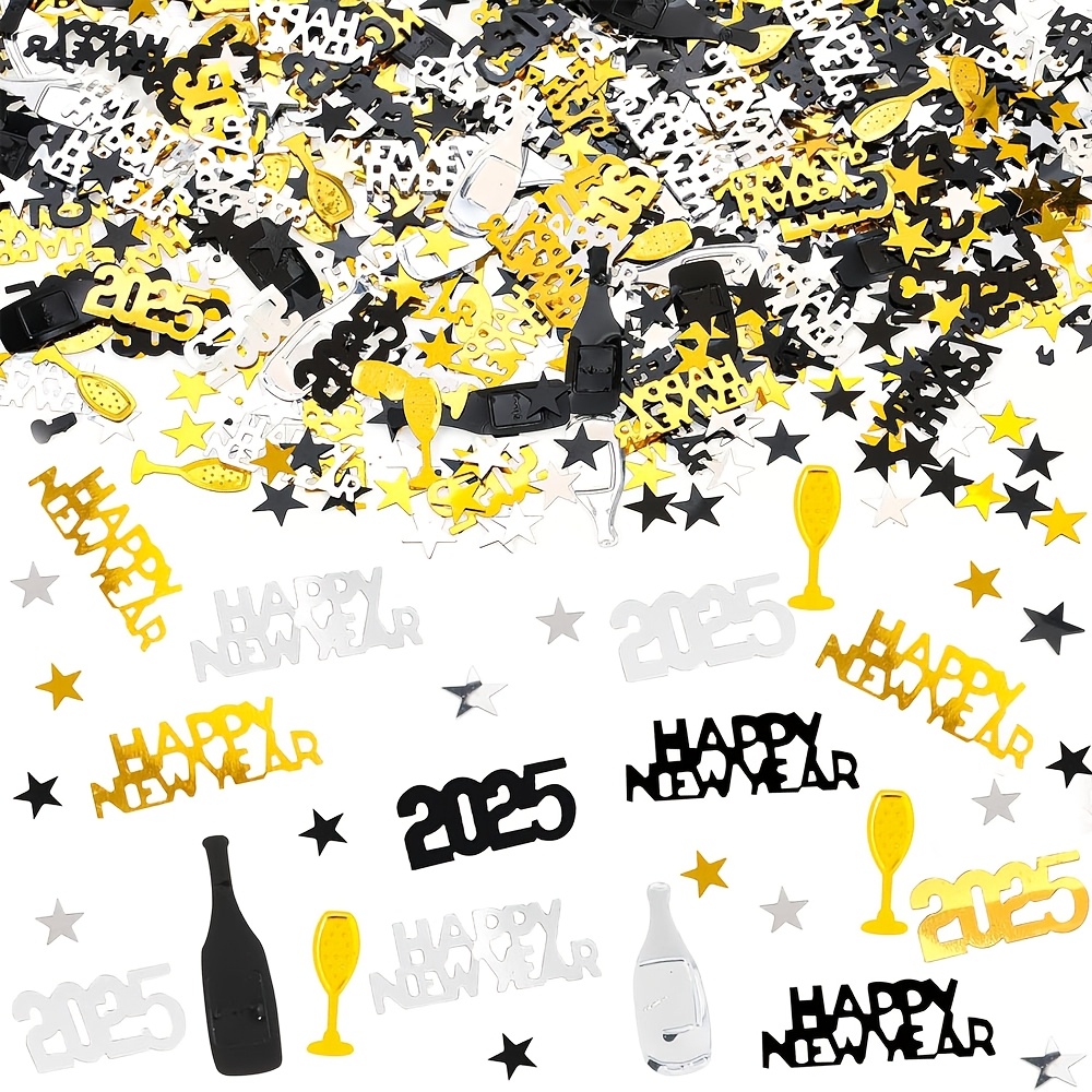 

2025 New Year's Eve Party Supplies, Black, Golden And Silvery Table Decorations For Celebration Happy New Year Confetti Decorations