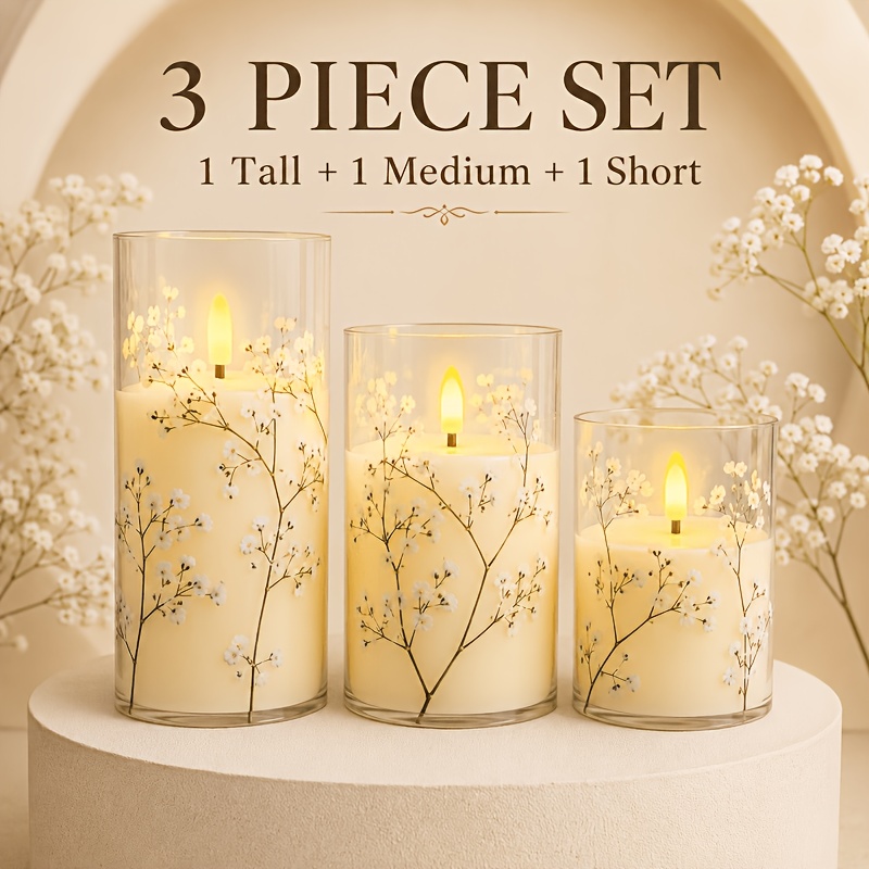TEMU 3-pack Flameless Led Electronic Candles, 3 Sizes (tall/medium/short) Cylinder Shape Realistic Candles With White Floral Prints, Battery Powered