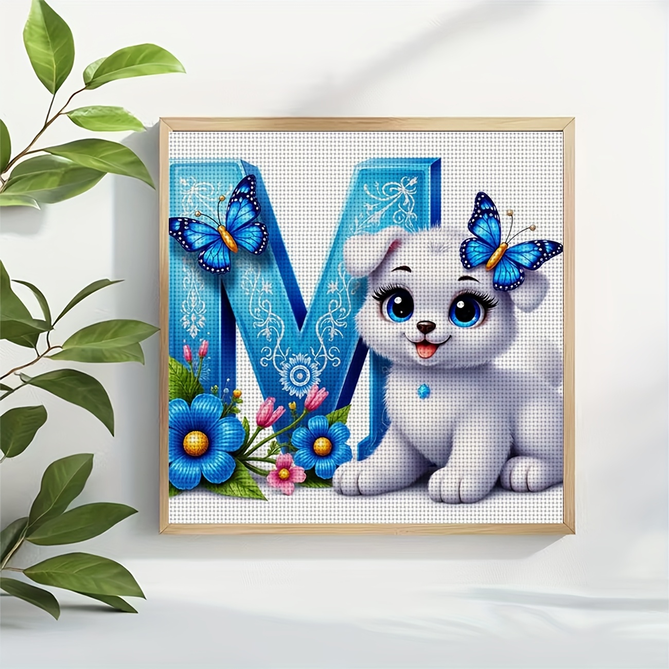Printed DIY Cross Stitch Kit, Frameless, White Puppy with Butterflies Pattern