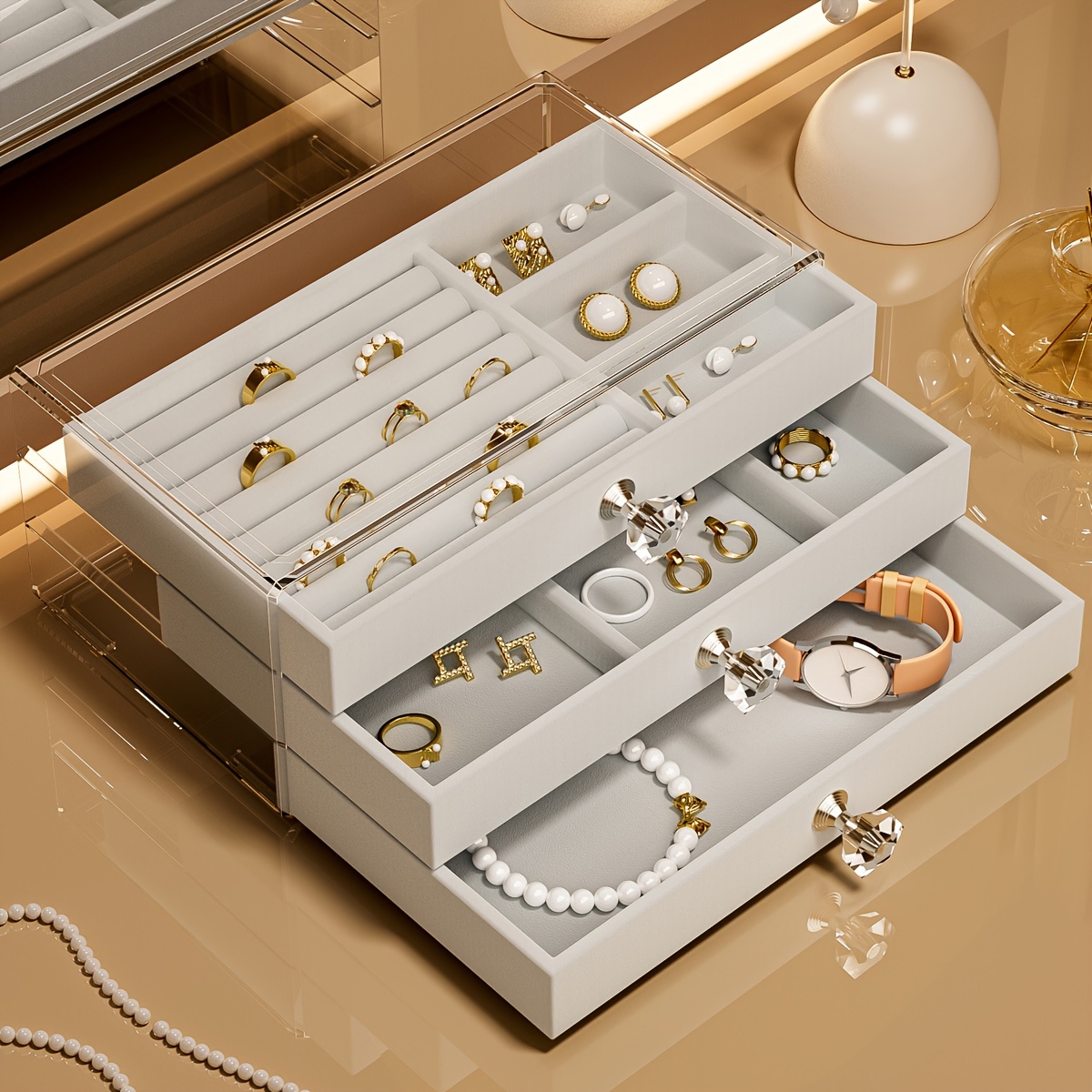 

1pc Desktop Drawer-style Storage And Organization Box For Earrings, Rings, Necklaces. Velvet-lined Compartmentalized Jewelry Box For Accessories.