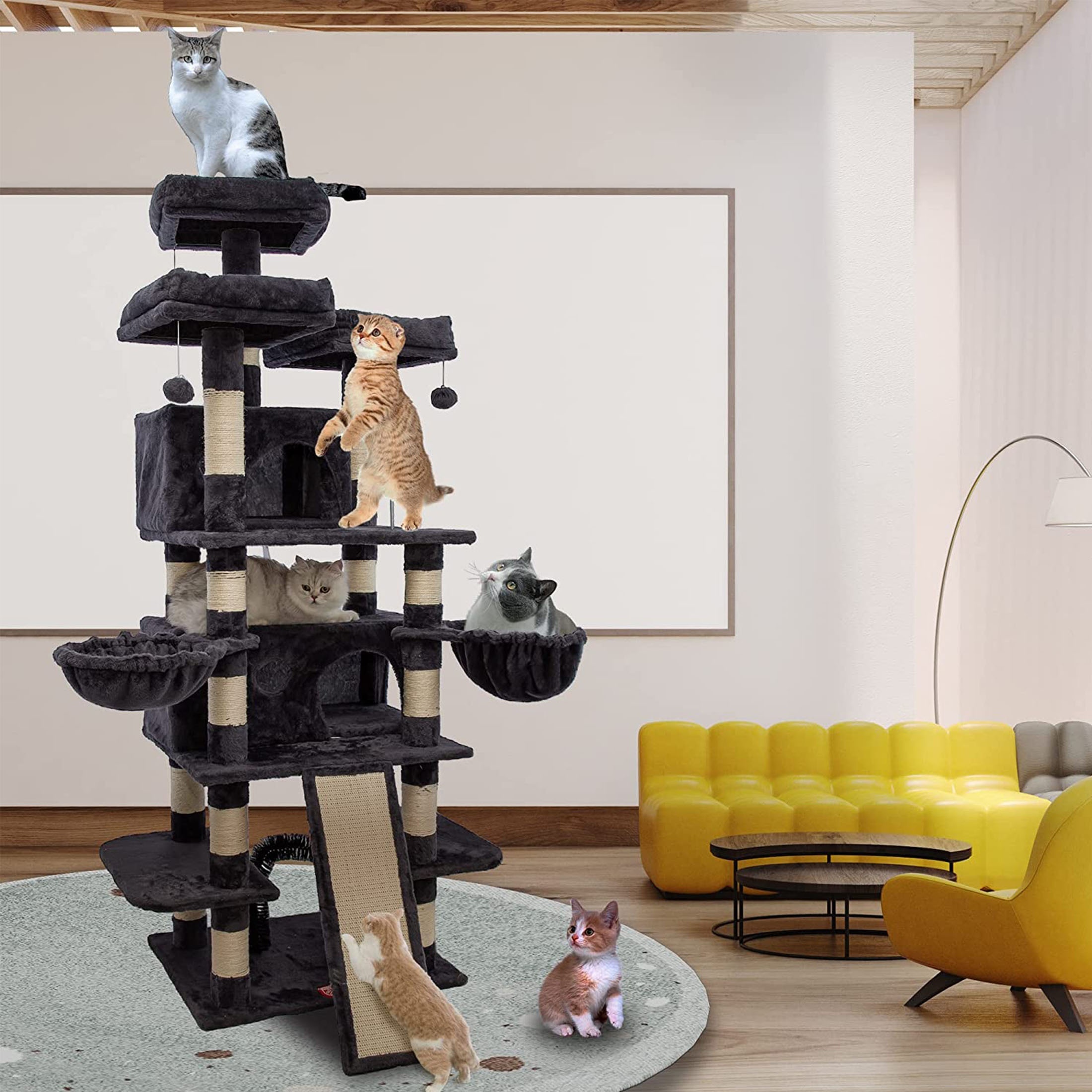 

68 Inches -level Cat Tree, Tall Multi-cats Tower With 2 Condo &cat Hair Brush, Large Cat Tree With 3 Plush & Scratching Posts For Kittens( Grey)