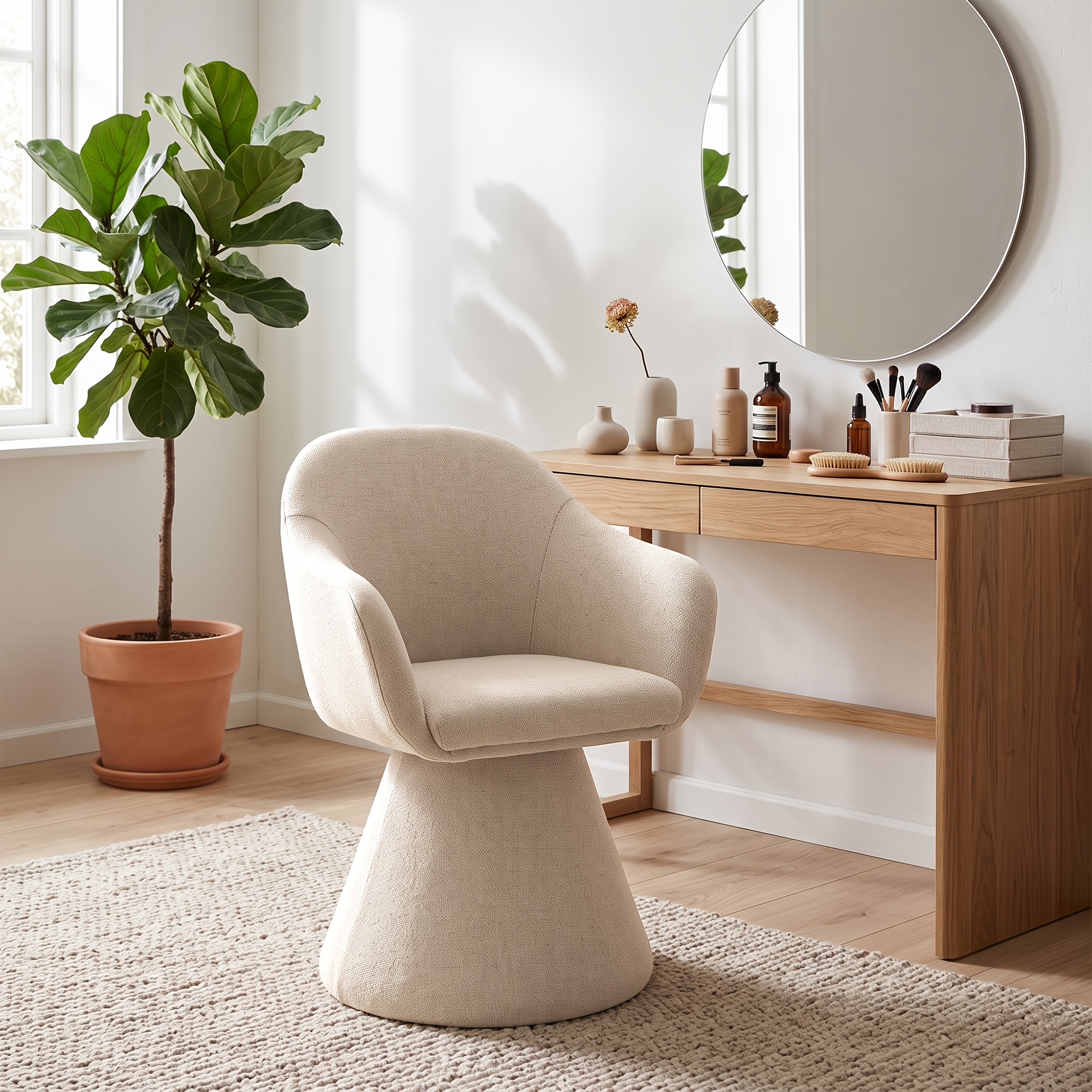 Image of Swivel Accent Chair, 360-degree Rotating Upholstered Lounge Chair With Fully Wrapped Fabric, Ergonomic Mid-back And Armrests, High-density Foam, Stable Conical Base For Living Room And Dining Room
